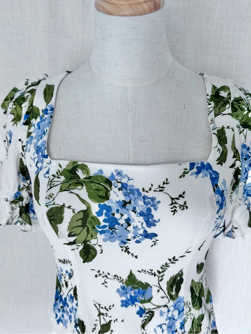 Reformation Constance Floral Print Puff Sleeve Top White Blue Green Size 0